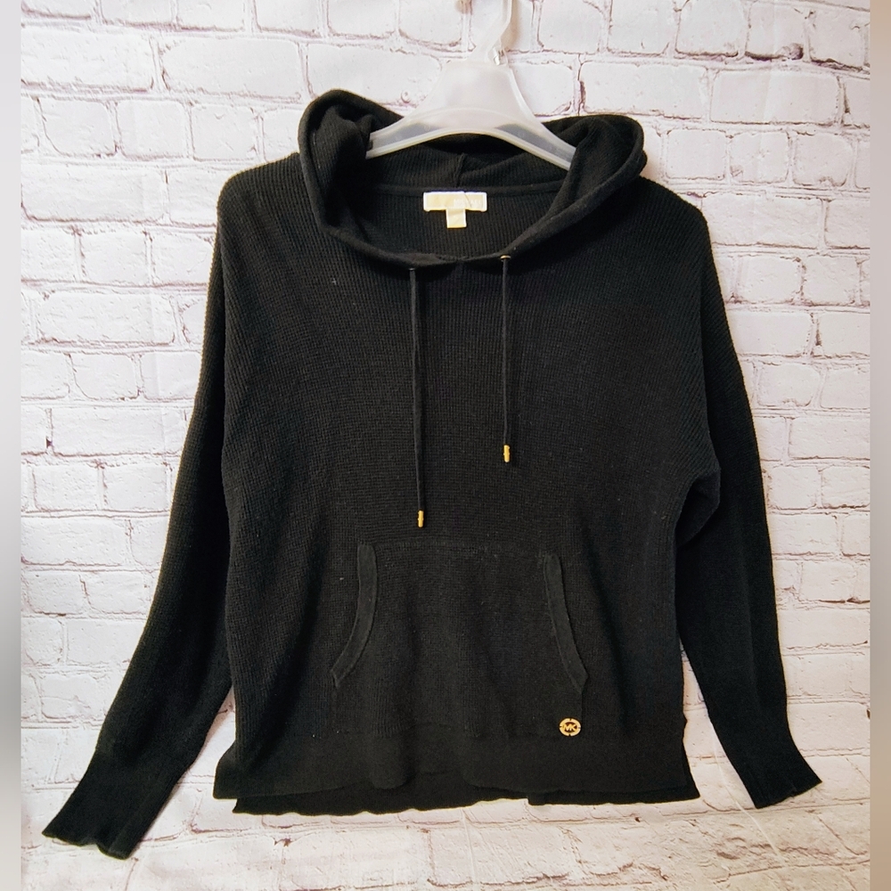 Michael Kors Women's Black Waffle Knit Pullover Logo Hoodie Sweater XL